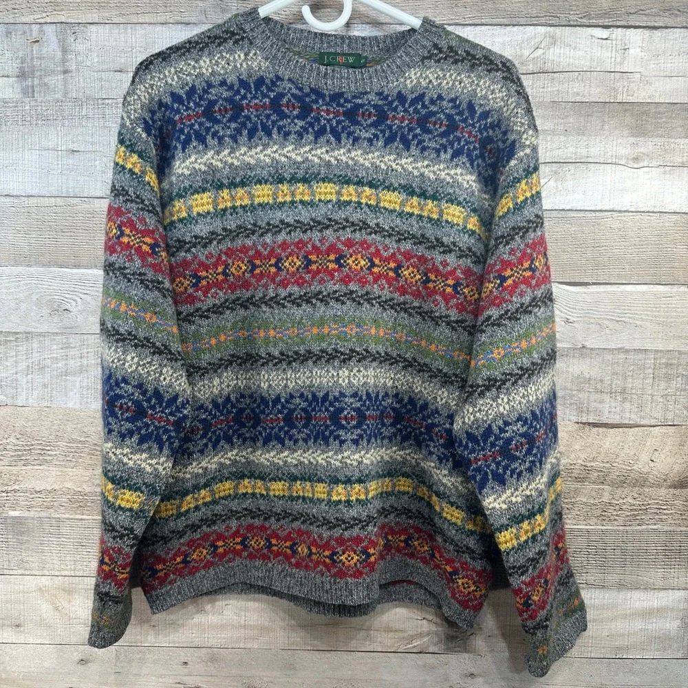 Vintage 90s J.Crew Fair Isle Wool Sweater Mens Small Grey Multi Grandpa Core
